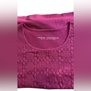 Round neck short sleeve purple cotton blend t shirt with floral lace overlay